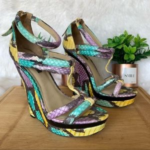 Rachel Zoe Rainbow Python Snake Skin Katia T Strap Platform Wedges